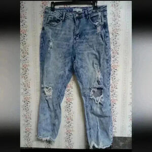 Almost Famous Jeans Womens 13 Cropped Distressed High Waist Straight Blue Denim